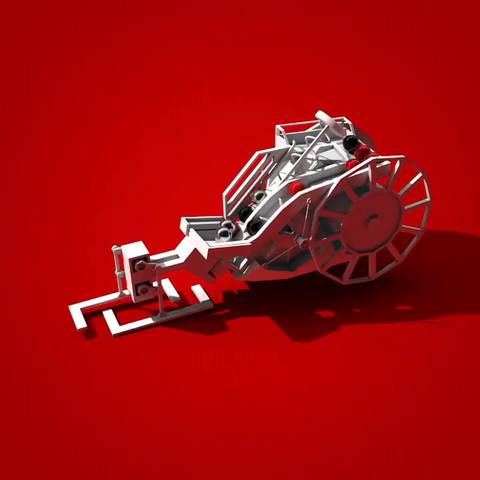 Weisse Laufmaschine mit Rad und Beinen auf rotem Grund, 3D-Rendering