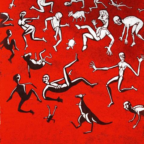Falling figures on red