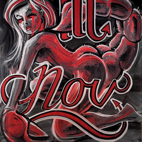 Woman in red with the lettering “Nov”