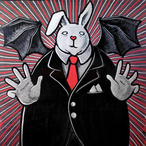 Rabbit with bat wings in a suit