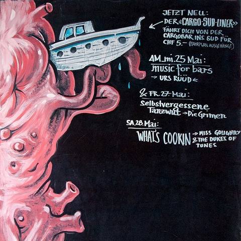 Pink octopus, a boat and a list of events on the blackboard