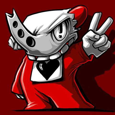 Figure making a victory sign on red