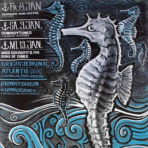 Seahorses against blue waves beside the drinks list