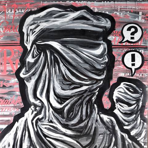 Before: veiled heads with “?” and “!” against red