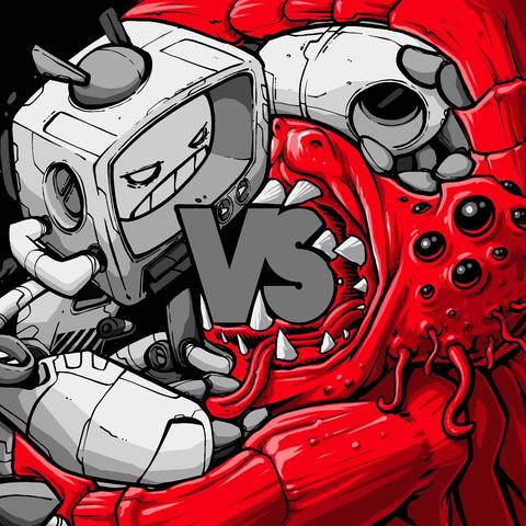 Robot versus red monster, “VS”