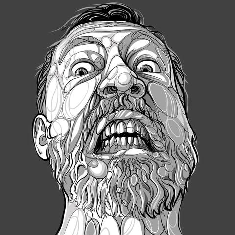 Bearded face in light shapes on grey