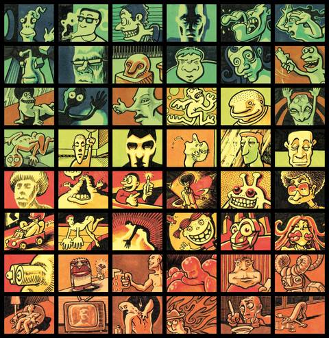 Raster aus 48 Post-it-Zeichnungen in schwarzem Gitter, oben in Blau und Grün, unten in Rot, Orange und Braun